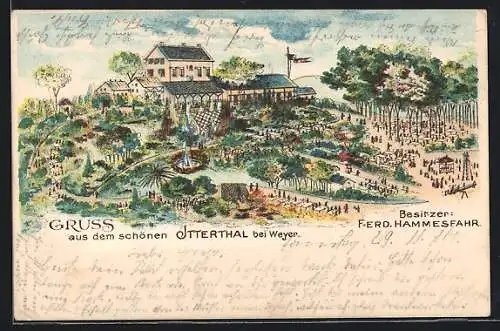 Lithographie Weyer / Solingen, Gasthof - Etablissement Ittertal von Ferd. Hammesfahr