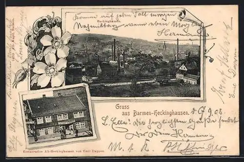 AK Barmen-Heckinghausen, Ortsansicht aus der Vogelschau, Restaurant Alt-Heckinghausen von Emil Dappen