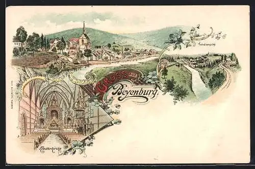 Lithographie Beyenburg, Totalansicht mit Klosterkirche