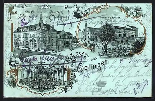 Lithographie Solingen, Hotel Monopol von Paul Bungards, mit Festsaal, Garten und Veranda