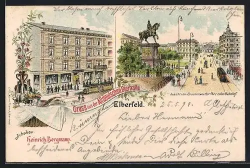 Lithographie Elberfeld, Gasthaus Altdeutsche Bierhalle, Inh. Heinrich Bergmann, Brausenwerther Platz am Bahnhof