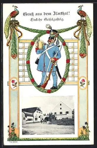 AK Grünwald / Isartal, Gasthaus Geiselgasteig, Soldat in Uniform mit Gewehr und Bierkrug, Pfauen