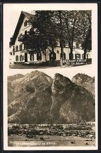 AK Oberammergau, Gasthof zur Rose T. Reim, Gesamtansicht mit Gipfelpanorama