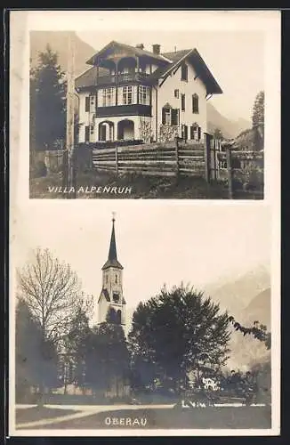 Foto-AK Oberau / Ettal, Hotel Villa Alpenruh, Kirche