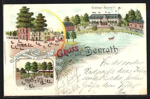 Lithographie Benrath, Gasthaus zur Linde W. Lampenscherf mit Garten, Schloss mit Teich