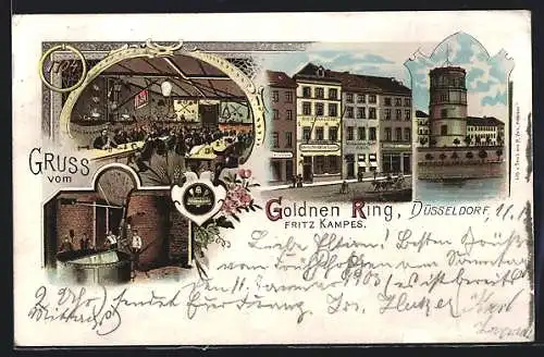 Lithographie Düsseldorf, Gasthaus zum Goldnen Ring F. Kampes, Brauerei im Keller, Saal