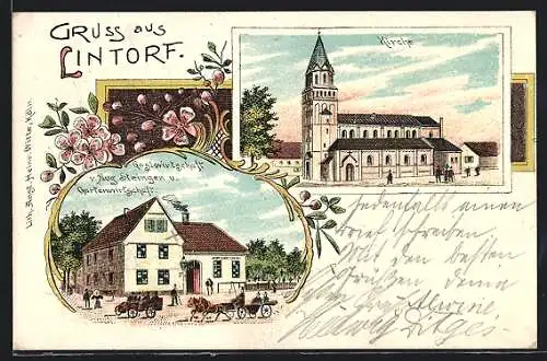 Lithographie Lintorf / Ratingen, Gasthaus A. Steingen mit Strasse, Kirche