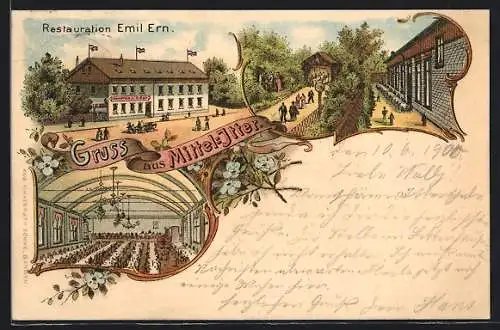 Lithographie Mittel-Itter, Gasthaus Restauration E. Ern mit Saal u. Gartenhaus