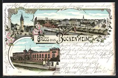 Lithographie Bockenheim / Frankfurt, Husaren-Caserne, Warte, Ortsansicht mit Bahnhof
