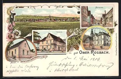 Lithographie Ober Rosbach, Gasthaus Jacob Schlottner, Strassenpartie, Ortspanorama