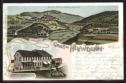 Lithographie Neu Weilnau, Hotel Zur Schönen Aussicht, Blick aus dem Hotel