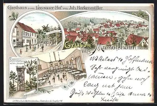 Lithographie Mammolshain, Gasthaus zum Nassauer Hof J. Heckenmüller mit Turm u. Saal, Teilansicht