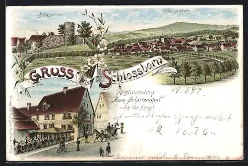 Lithographie Schlossborn i. Taunus, Restaurant zum Schützenhof, Totalansicht, Schlossruine