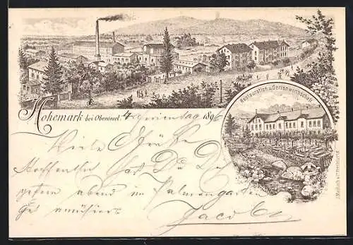 Lithographie Hohemark /Oberursel, Gasthaus-Restauration mit Garten, Ortsansicht von oben