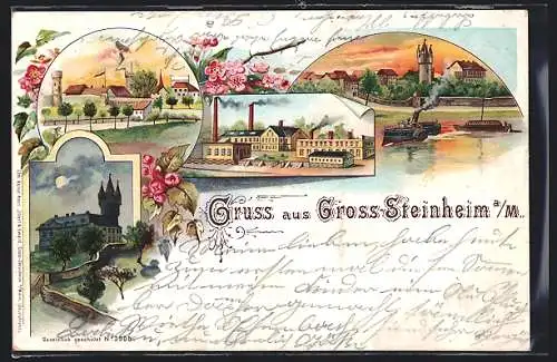 Lithographie Gross-Steinheim a. M., Fabrik, Ortspartie, Ortsansicht mit Dampfer