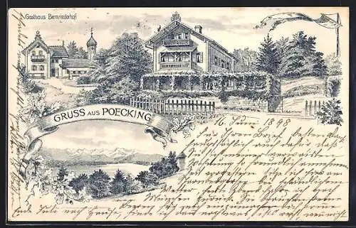 Lithographie Pöcking / Possenhofen, Gasthaus Bernriederhof mit Garten