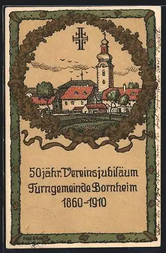 Lithographie Bornheim / Fraknfurt, Vereinsjubiläum der Turngemeinde 1910, Ortsansicht im Eichenkranz