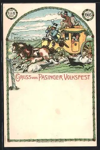 Lithographie München-Pasing, Pasinger Volksfest 1905, Postkutsche vor dem Festgelände