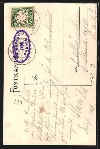 Lithographie München-Pasing, Pasinger Volksfest 1905, Postkutsche vor dem Festgelände