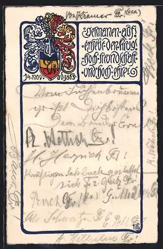 Lithographie München, Germanen auf!, Studentenwappen in Schwarz-Rot-Gold