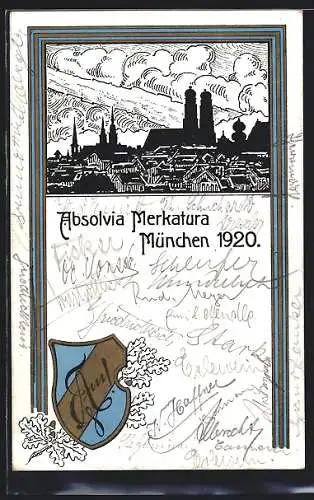Künstler-AK München, Absolvia Merkatura 1920, Studentenwappen, Ortsansicht