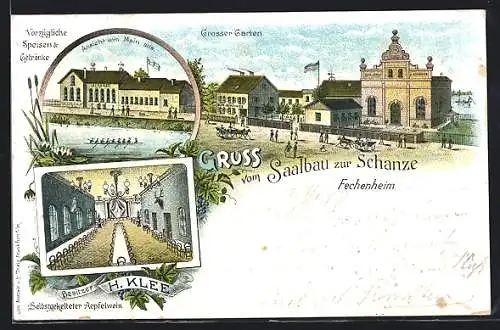 Lithographie Frankfurt-Fechenheim, Restaurant Saalbau zur Schanze, Grosser Garten, Aussicht vom Main aus