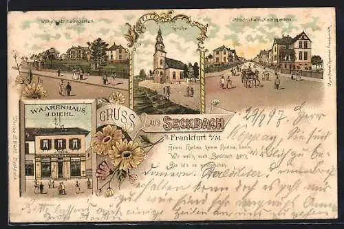 Lithographie Seckbach b. Frankfurt a. M., Wilhelmstrasse Heimgarten, Waarenhaus J. Diehl