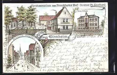 Lithographie Ginnheim, Restaurant zum Frankfurter Hof, Brunnen-Strasse, neue Schule