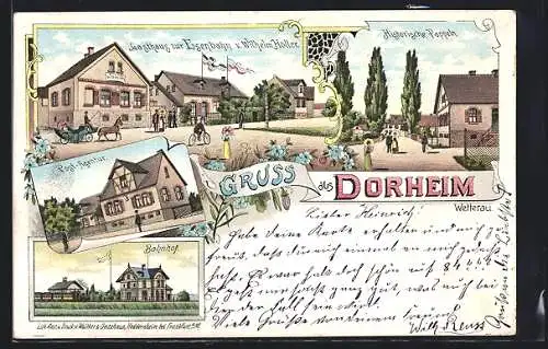 Lithographie Dorheim / Wetterau, Gasthaus zur Eisenbahn, Post-Agentur, Bahnhof, Histor. Pappeln