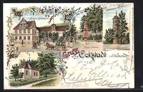 Lithographie Ockstadt i. d. Wetterau, Restaurant Klingls Kaisersaal, Hollar-Kapelle, Schloss-Turm