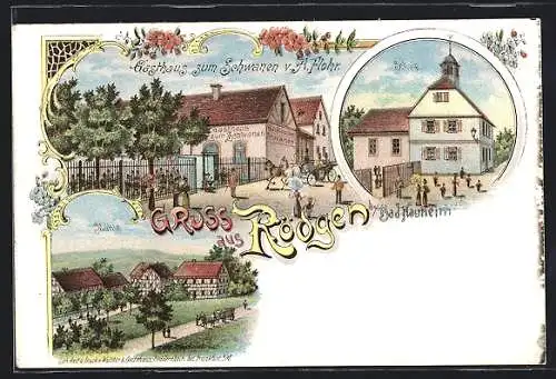 Lithographie Rödgen / Bad Nauheim, Gasthaus zum Schwanen v. A. Flohr, Schule, Mühle