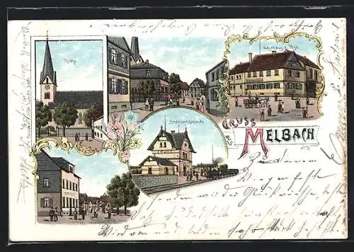 Lithographie Melbach / Wölfersheim, Gasthaus zur Post, Bahnhof, Kirche