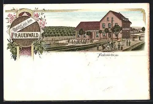 Lithographie Niedermörlen, Gasthof Frauenwald mit Gästen