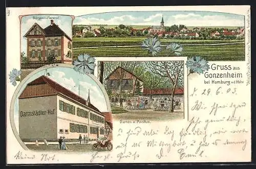 Lithographie Gonzenheim bei Homburg v. d. Höhe, Gasthaus Darmstädter Hof, Bürgermeisterei