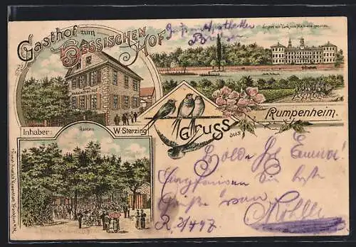 Lithographie Rumpenheim, Gasthaus zum Hessischen Hof, Blick zum Schloss