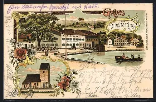 Lithographie Dingharting, Killers Gasthaus, Kirche