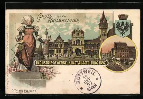Lithographie Heilsbronn, Industrie-Gewerbe- u. Kunst-Ausstellung 1897, Ausstellungshalle, Ortspartie mit Strassenbahn