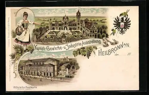 Lithographie Heilbronn, Industrie-Gewerbe- und Kunst-Ausstellung 1897, Ausstellungsgebäude, Trachtenmädchen, Wappen