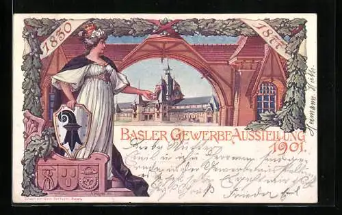 AK Basel, Gewerbe-Ausstellung 1901, Helvetia mit Wappenschild, Ausstellungsgebäude