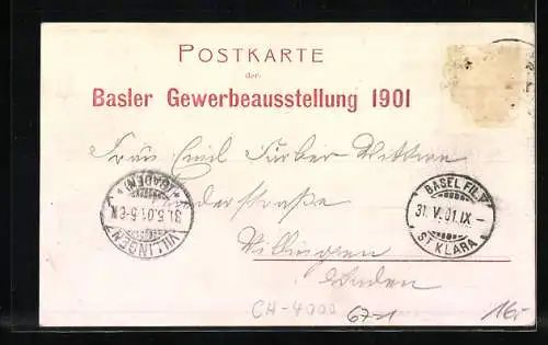 AK Basel, Gewerbe-Ausstellung 1901, Helvetia mit Wappenschild, Ausstellungsgebäude