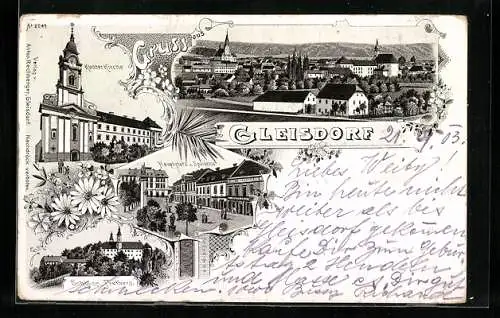 Lithographie Gleisdorf, Hauptplatz u. Sparkasse, Klosterkirche, Schloss Freiberg