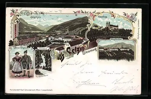 Lithographie Selzthal, Frauenberg, Klamm, Schloss Strechau, Ortsansicht