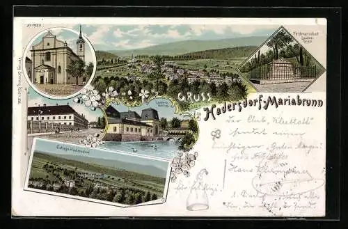Lithographie Hadersdorf-Mariabrunn, Forstschule, Laudons Schloss, Wallfahrtskirche