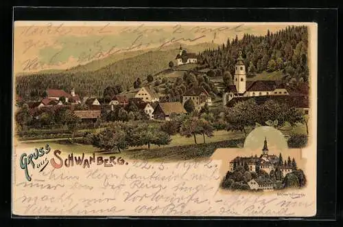 Lithographie Schwanberg, Schloss Hollenegg, Ortsansicht mit Kirche