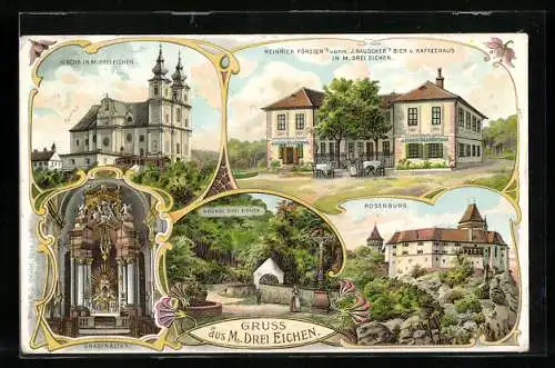 Lithographie Maria Dreieichen, Rosenburg, Kirche, Bier- und Kaffeehaus Heinrich Förster