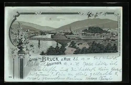 Mondschein-Lithographie Bruck an der Mur, Blick über die Ortschaft, Brücke