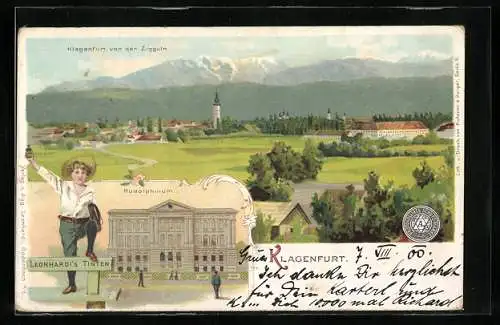 Lithographie Klagenfurt, Ortsansicht von der Zigguin, Rudolphinum