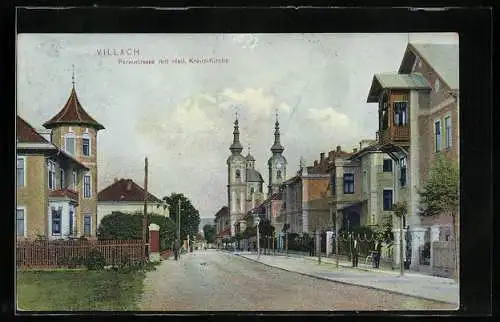 AK Villach, Peraustrasse mit Heil. Kreuz-Kirche