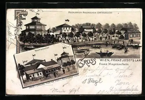 Lithographie Wien, Franz-Josefs-Land, Restauration Magenschein, Gartenansicht, Ruderboote