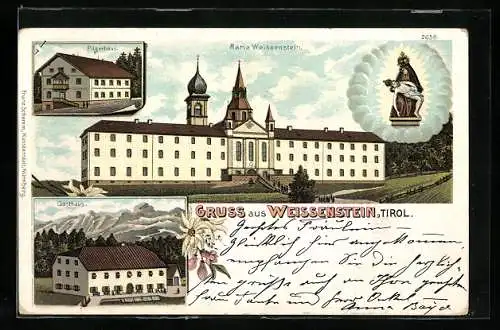 Lithographie Deutschnofen, Wallfahrtsort Maria Weissenstein, Pilgerhaus mit Gasthaus